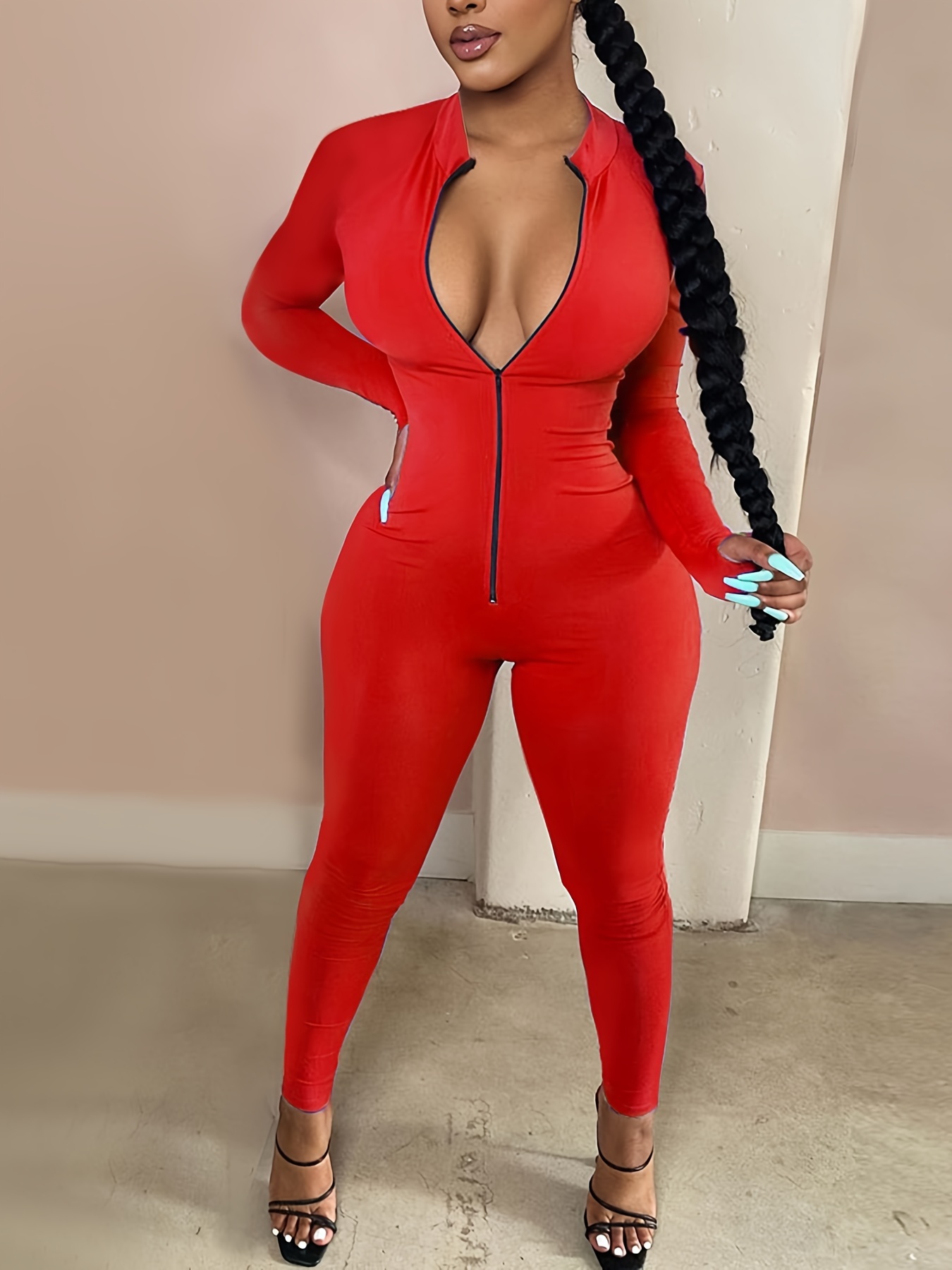 Women's Sexy Bodycon Zip Jumpsuit Solid Long Sleeve Stretchy - Temu Canada