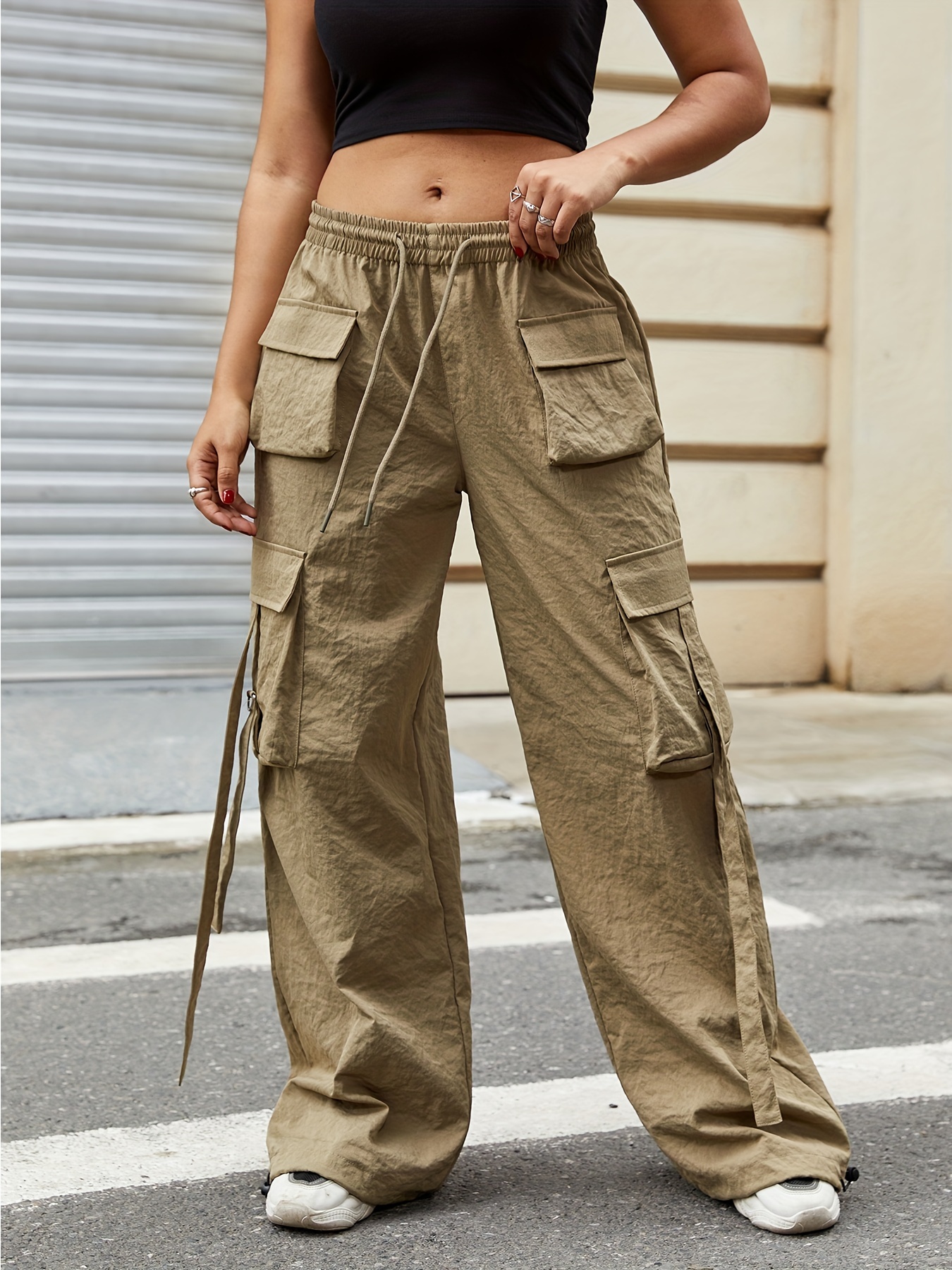 Hip Hop Flap Pocket Ruched Wide Leg Cargo Pants