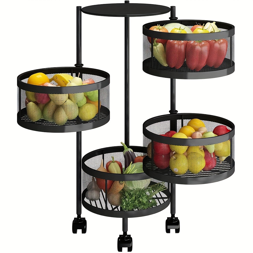 Rotating Kitchen Storage Rack 4 Tier Round Metal Baskets on Wheels  Floor-Standing Fruit and Vegetable Storage Basket Household Storage Rack  for