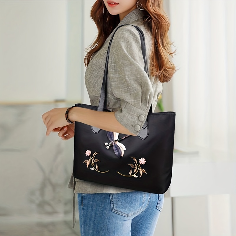 Dragonfly & Flower Patched Tote Bag Large Capacity Shoulder Bag