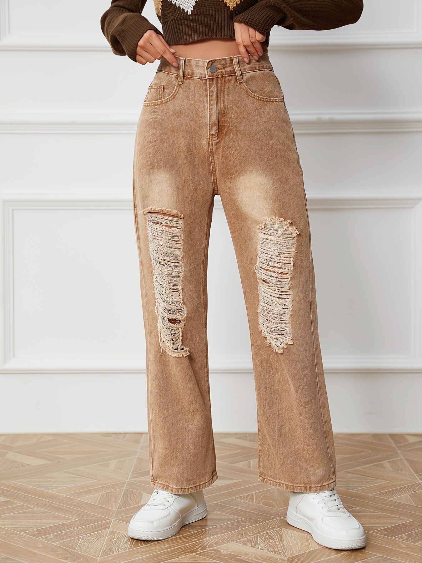 Ripped Straight Leg Loose Fit Jeans High Wide Legs - Temu Germany