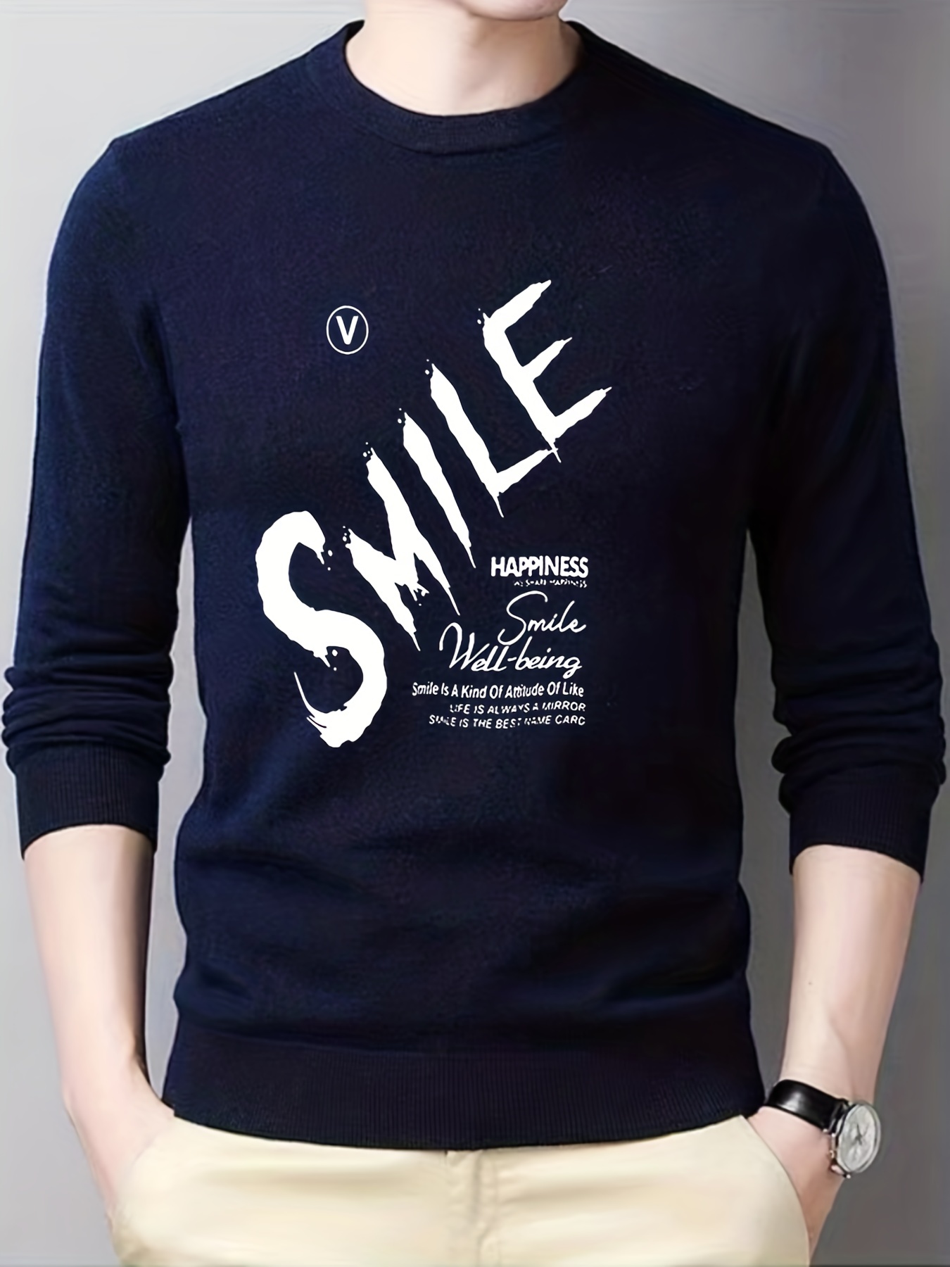 Smile Print All Match Knitted Sweater, Men's Casual Warm Mid