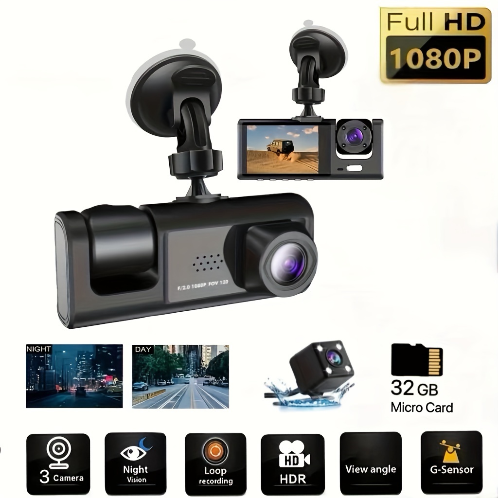 Caméra de tableau de bord DVR 1296P, double caméra, Dashcam de voiture,  écran IPS de 3 pouces, enregistreur de conduite avec Vision nocturne, grand  Angle 170 °, capteur G