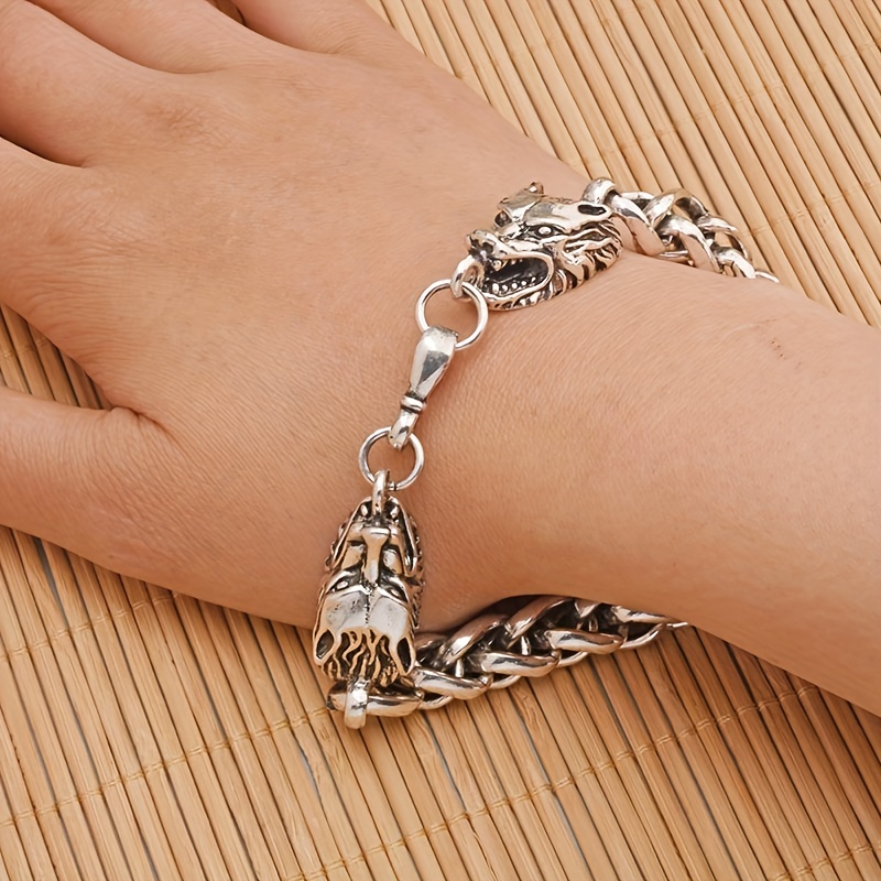 Stainless Steel Bracelet With Circle And Wolf Head For Men - Temu