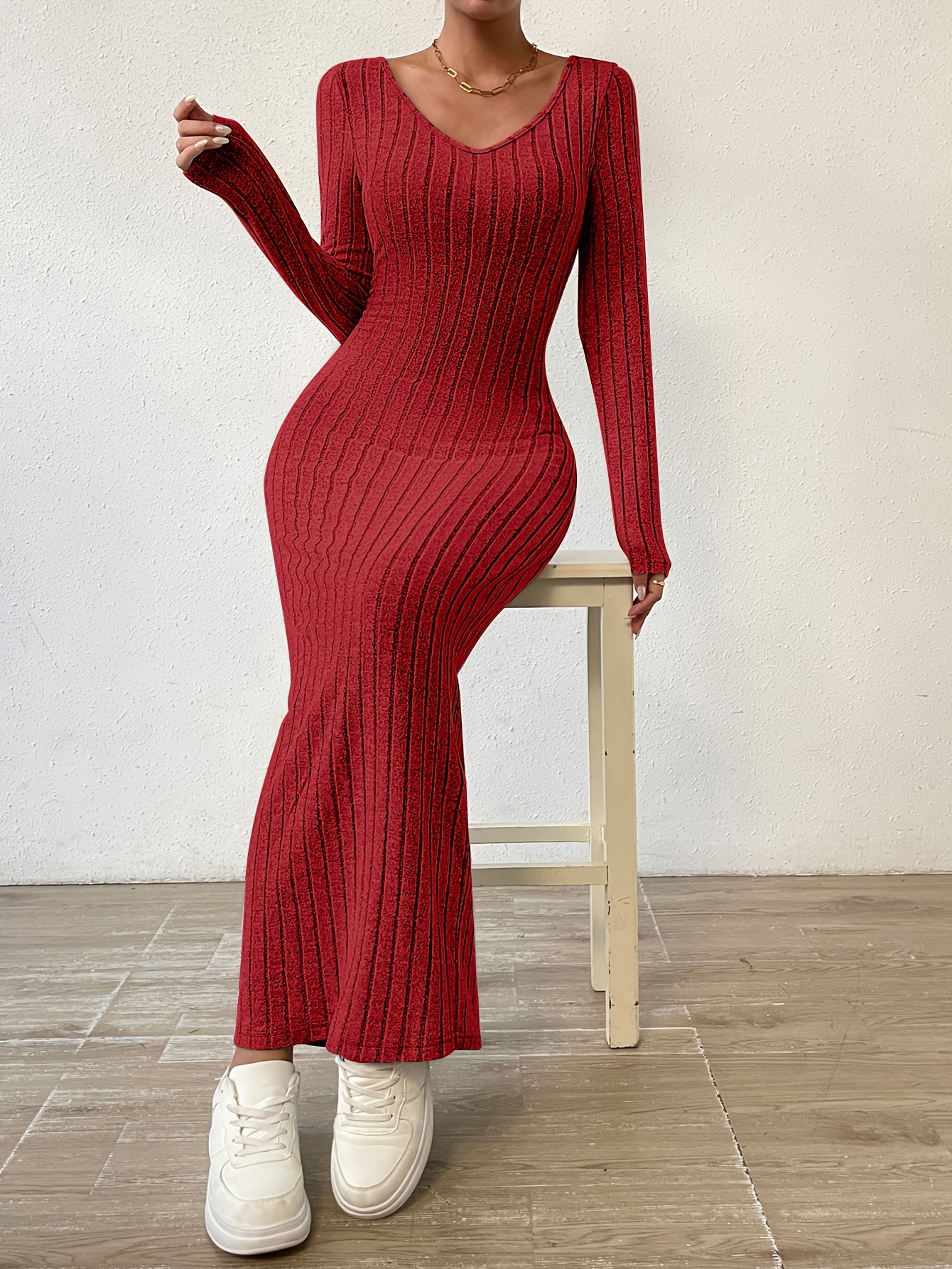 Ribbed Solid Bodycon Dress Casual Backless Long Sleeve Maxi - Temu
