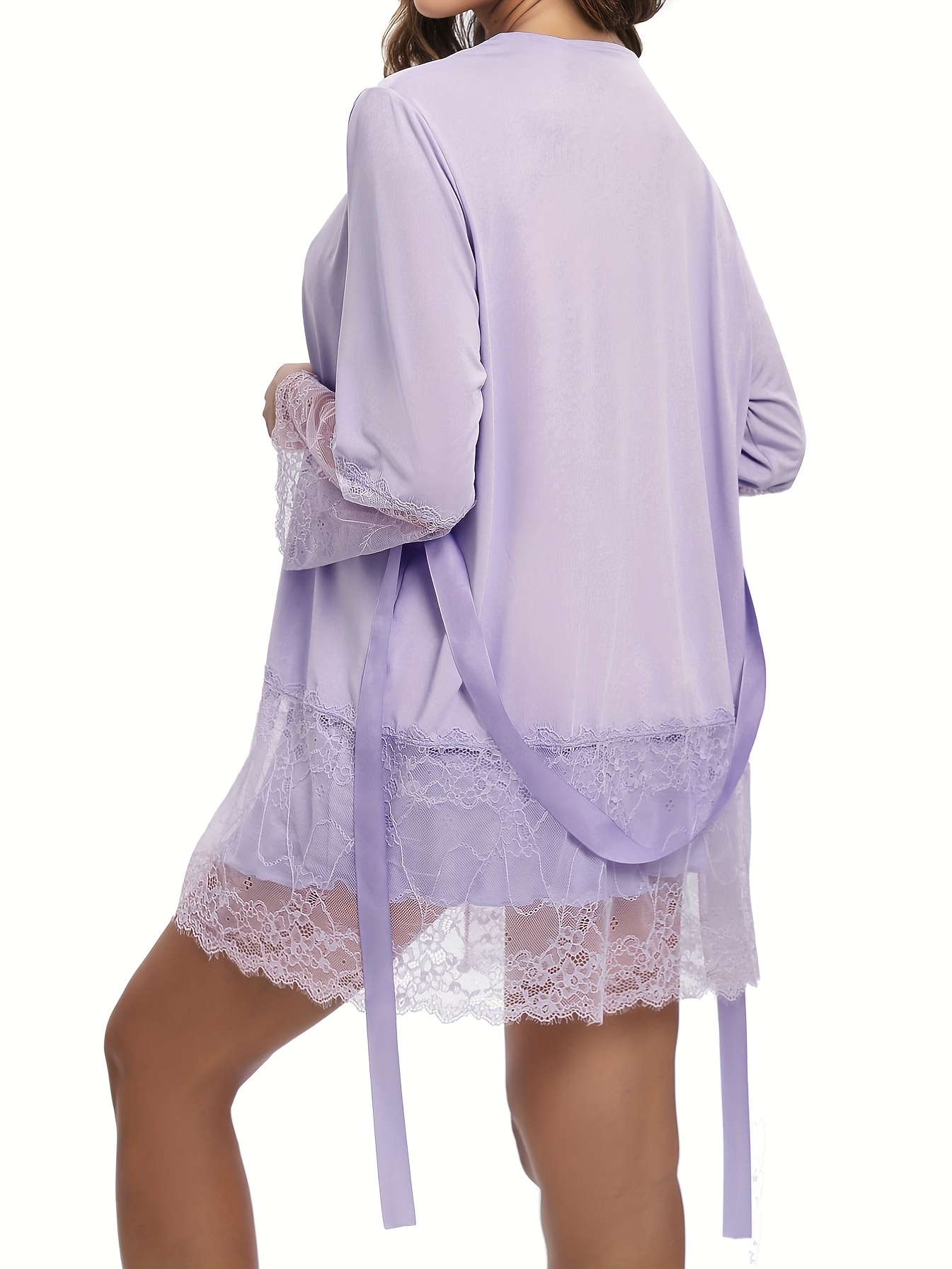 Contrast Lace Pajama Set, Long Sleeve Robe With Belt & Deep V Backless Slip  Dress, Women's Sleepwear & Loungewear