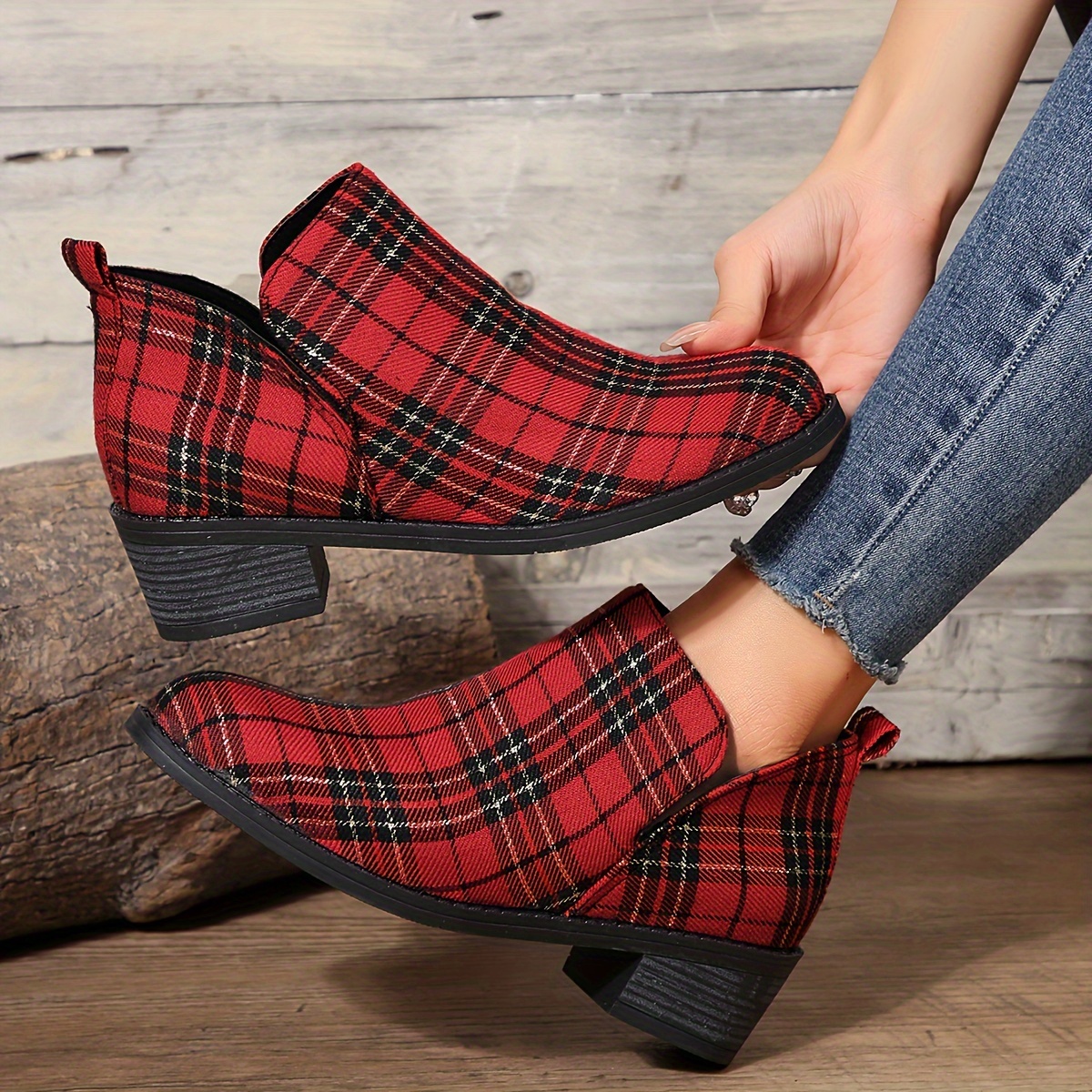 Women s Plaid Pattern Chunky Heel Boots Casual Slip On Short Boots Women s Comfortable Ankle Boots