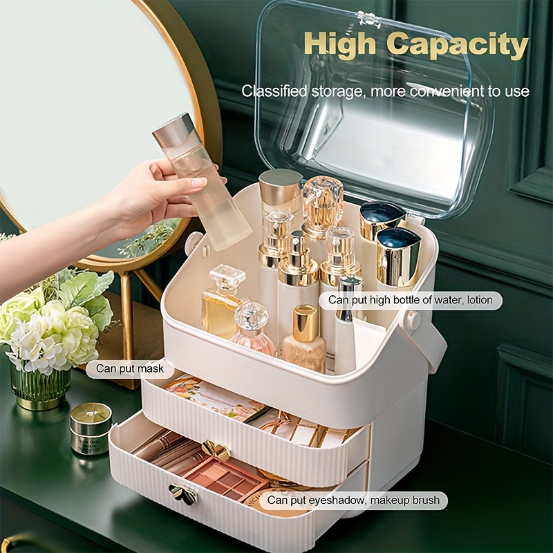 Makeup Organiser, 360 Degree Rotating Double Door Cosmetic Storage  Box,Dust-Proof Cosmetic Case with 2 Drawers and Carry Handle