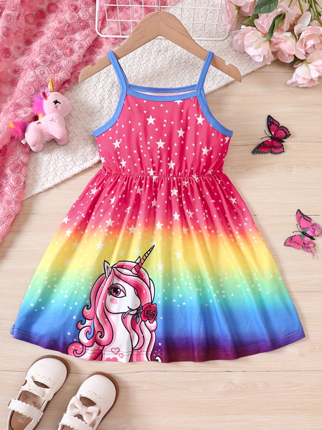 Kid Girl Unicorn Print Sleeveless Colorful Mesh Splice Dress