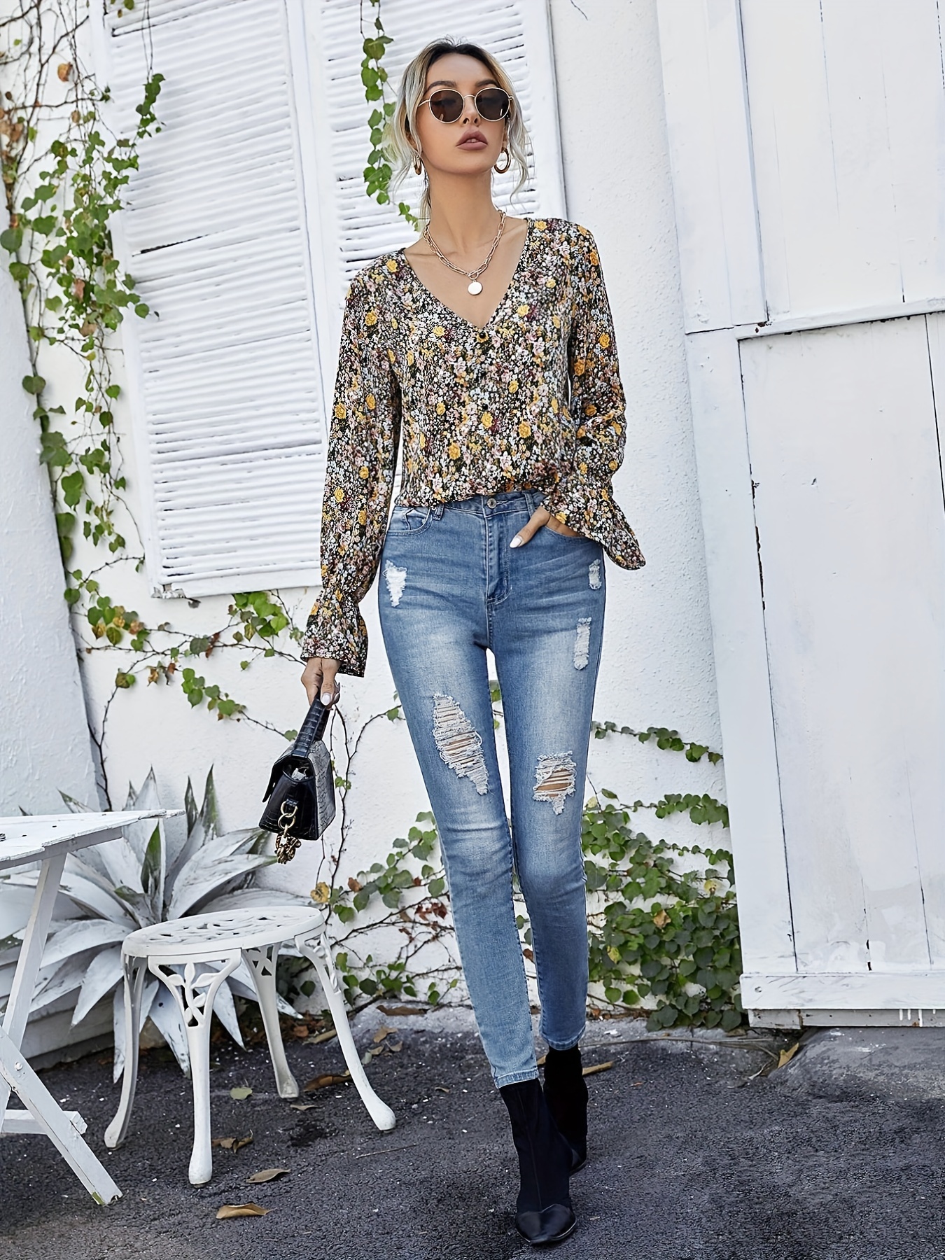 Ditsy Floral Print V Neck Blouse, Casual Long Sleeve Blouse For