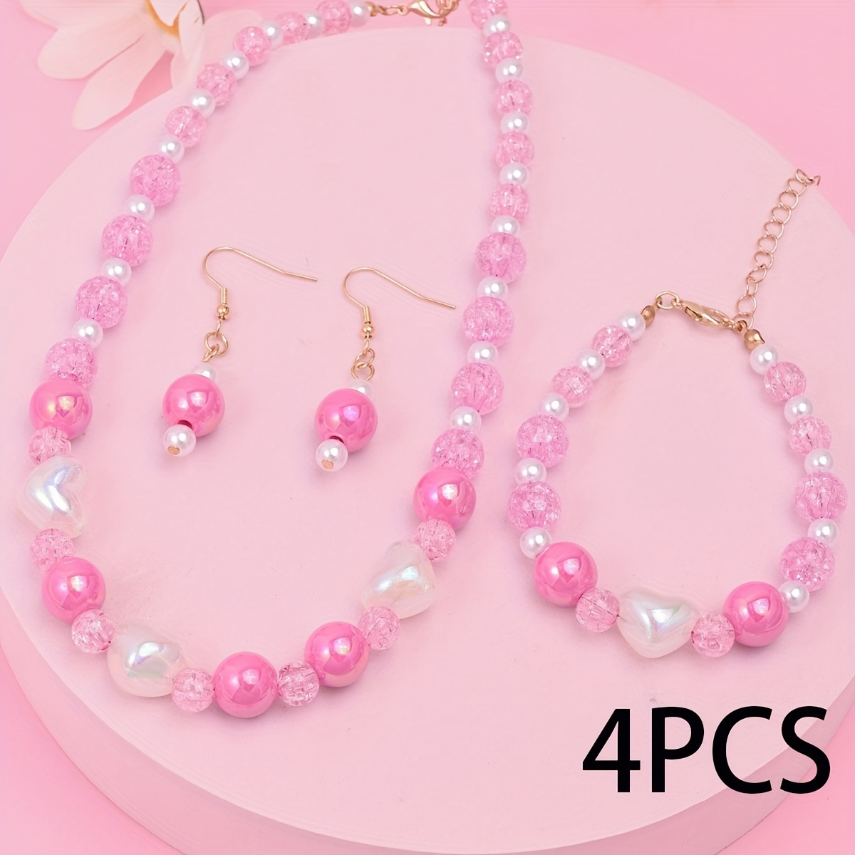 4pcs Earrings + Necklace + Bracelet Coquette Style Jewelry, Jewels Set Made of Beads Match Daily Outfits Sweet Gift for Female,Temu
