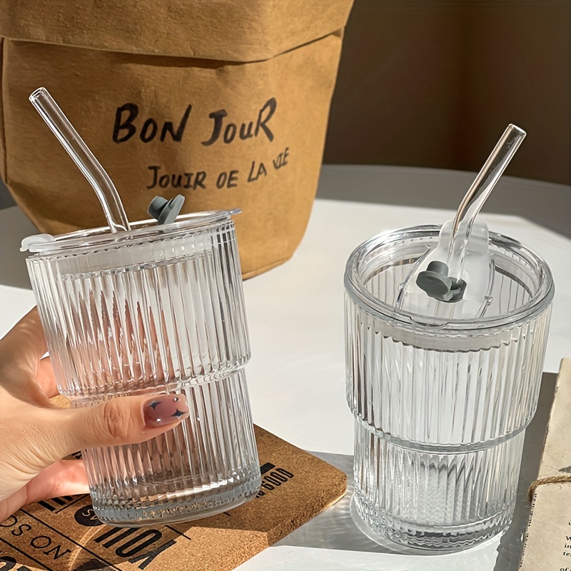 Reusable Ribbed Glass with Lid and Straw, Vintage Drinking Ice Coffee Cup  in 2023