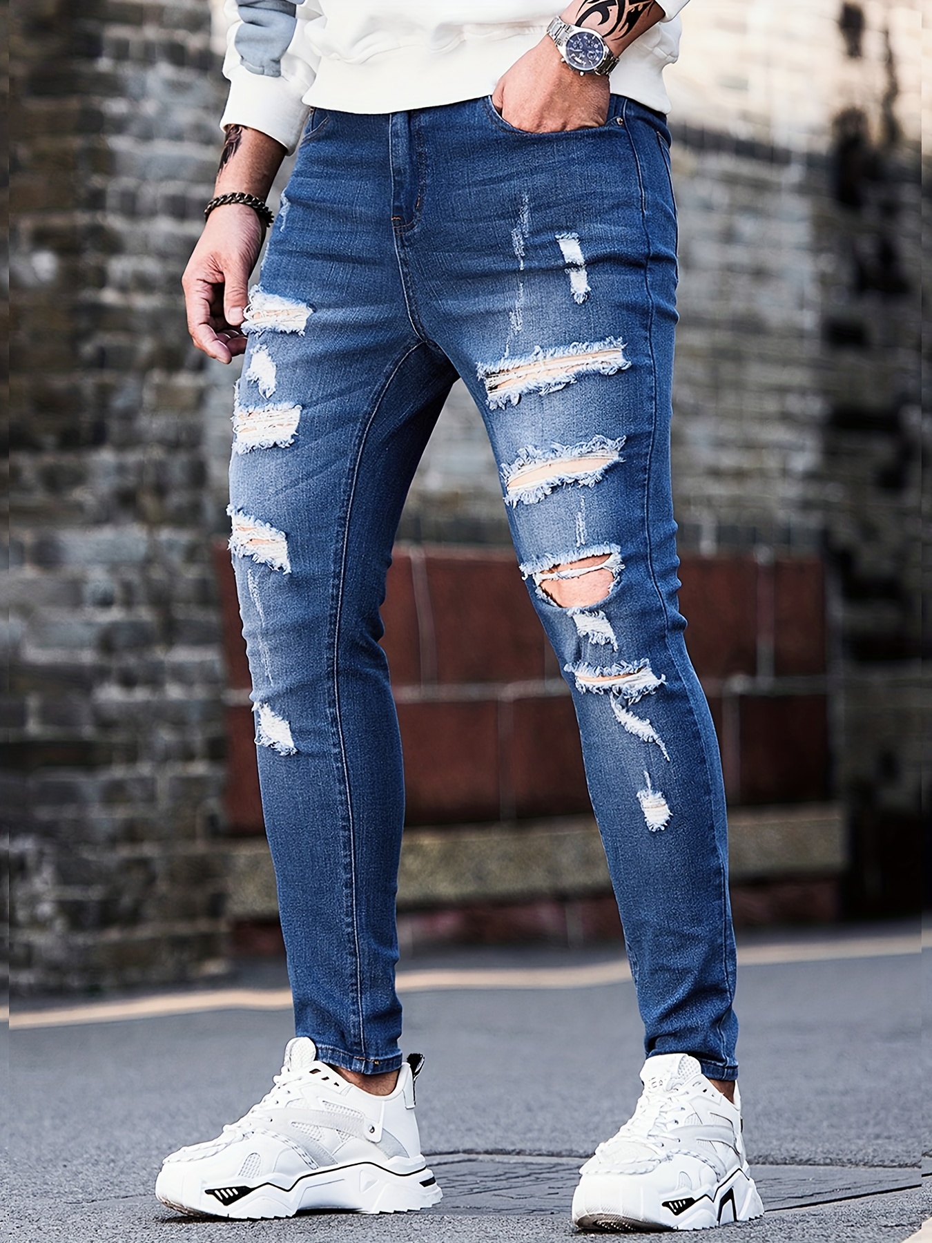 Blue Ripped Jeans For Men Mid-Wasit Slim Fit Denim Pants With Pocket