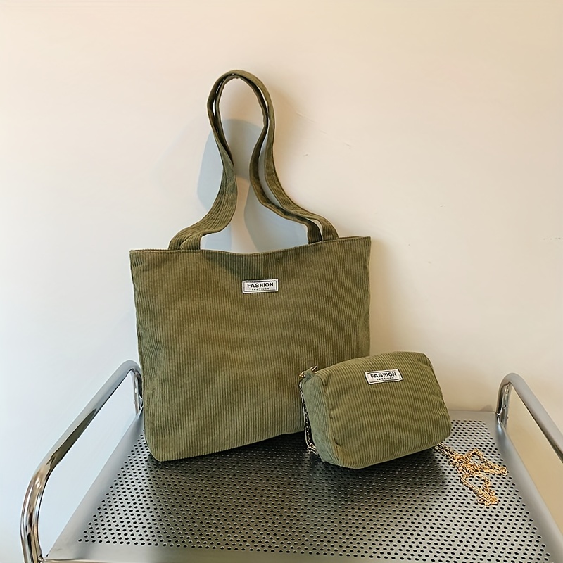 Casual Women's Corduroy Bag Set Solid Color Tote Bag Square - Temu