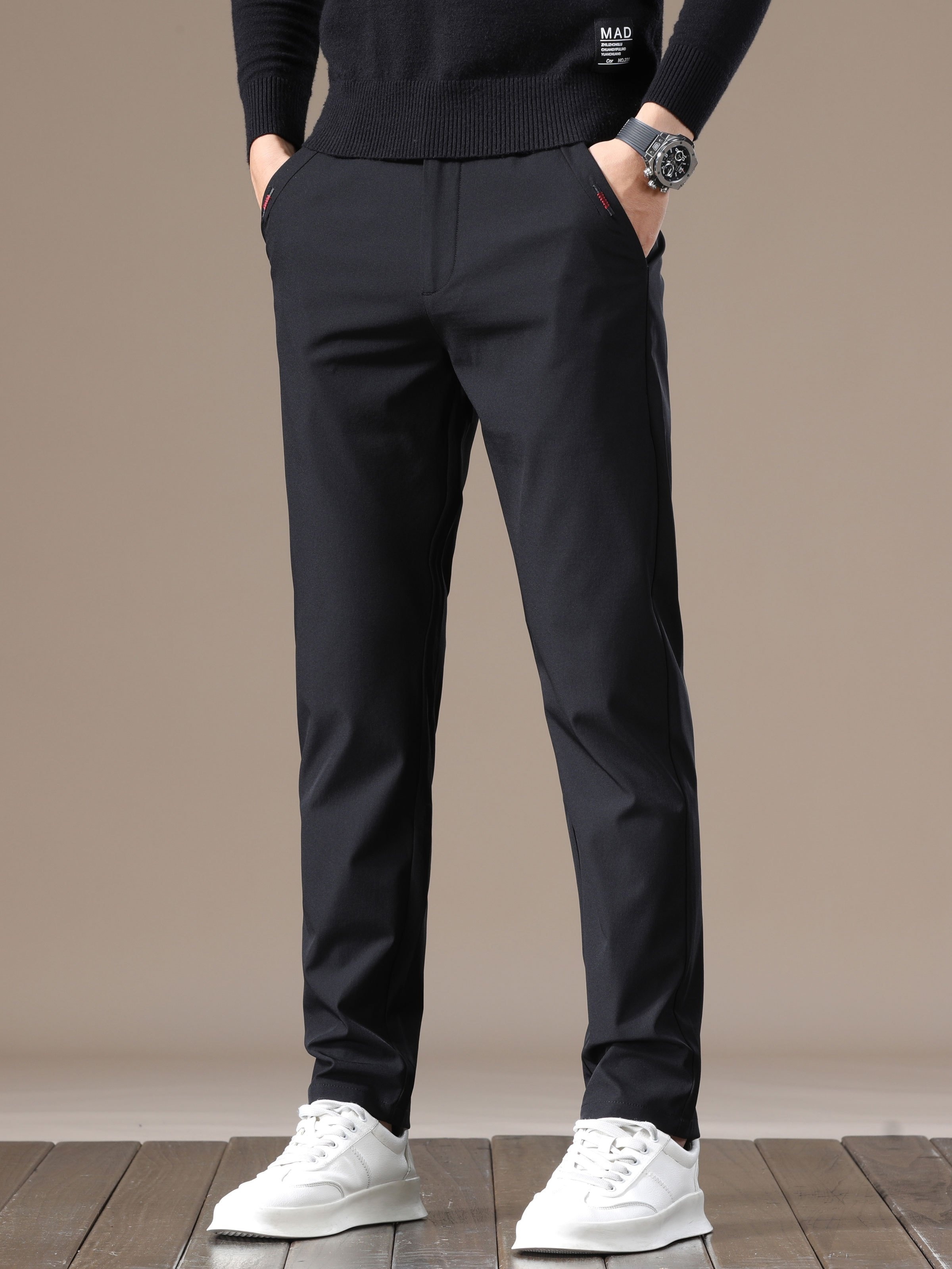 Spandex High Stretch Dress Pants, Men's Semi-formal Classic Design Solid  Color Slim Fit Dress Pants For Business