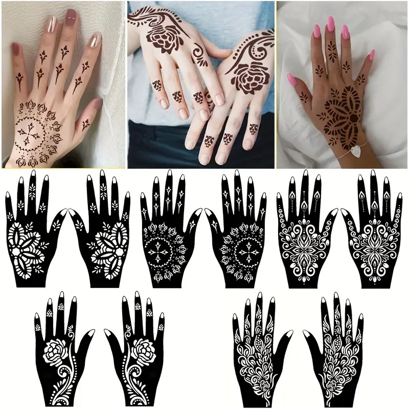 12 Sheets Henna Tattoo Stencils, Glitter Airbrush Hand Temporary Tattoo  Stickers Indian Arabian Self Adhesive Tattoo Templates