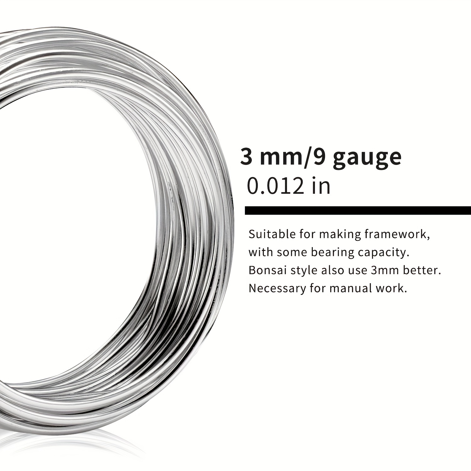 سلك حرفي من الألومنيوم الفضي مقاس 9 مقاس 3.0 مم 32.8 قدمًا / 10 أمتار سلك حديد التسليح طويل مناسب للحرف اليدوية ذاتية الصنع أسلاك الألمنيوم المؤكسد الأسلاك المعدنية لأسلاك المجوهرات