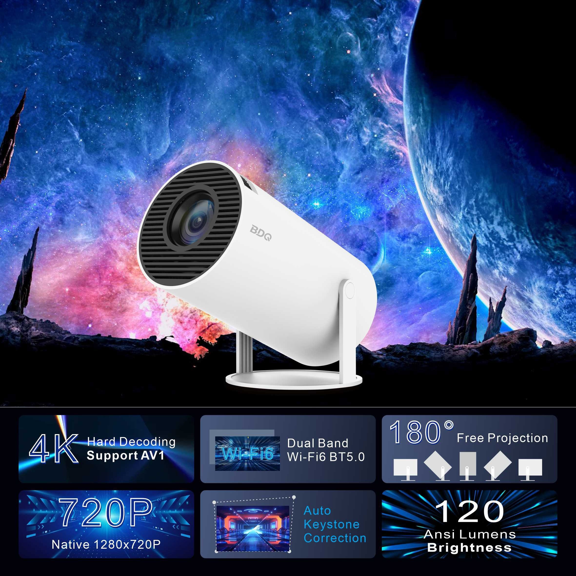 Smart projector Android 11.0 180degrees flip Dual band WiFi6 + BT5.0 smart  home Theater