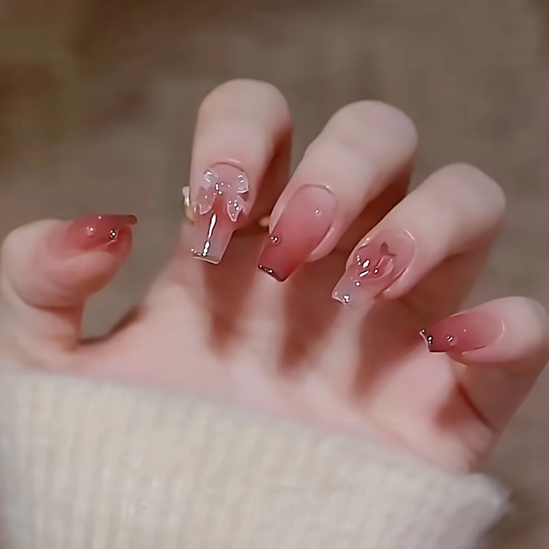 24pcs Press-on Artificial Fingertip Nails, Fake Nails With Heart Peach , Full Coverage, Reusable, Self-adhesive For Women, For Nail Art