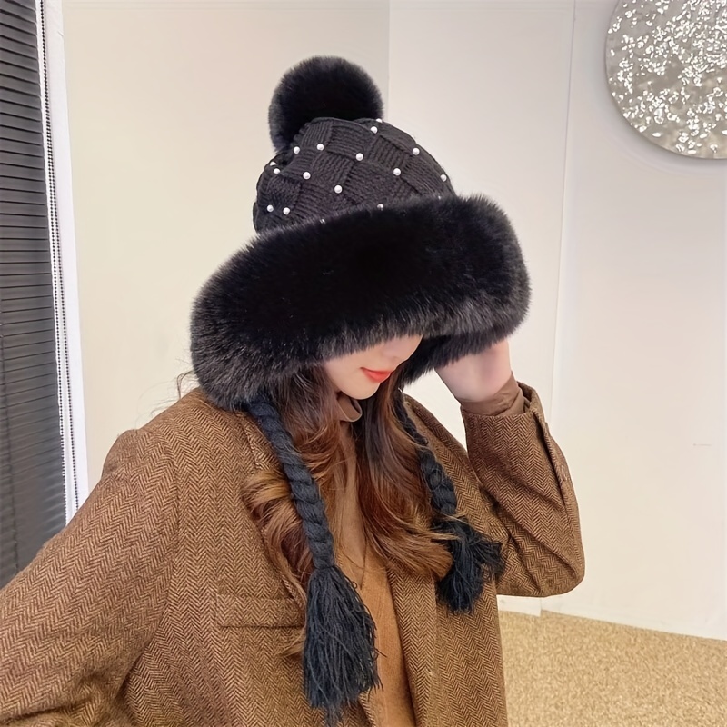 Large Faux Fur Plush Hat Ear Protection Knit Hats - Temu