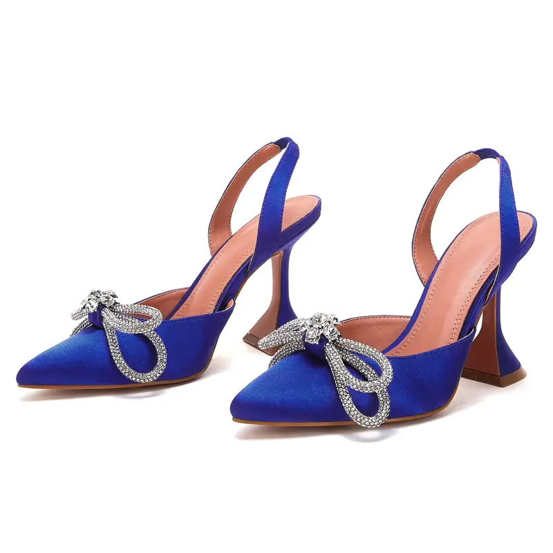 womens rhinestone bow high heels pointed toe slip on slingback pyramid heels fashion wedding dress pumps details 4