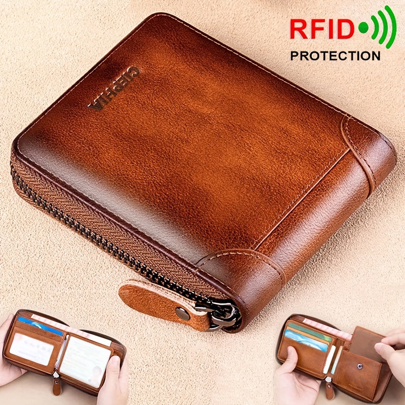 Men's Zipper Around Wallet Large Capacity Leather Bifold Wallet Card Holder  Coin Purse - Temu