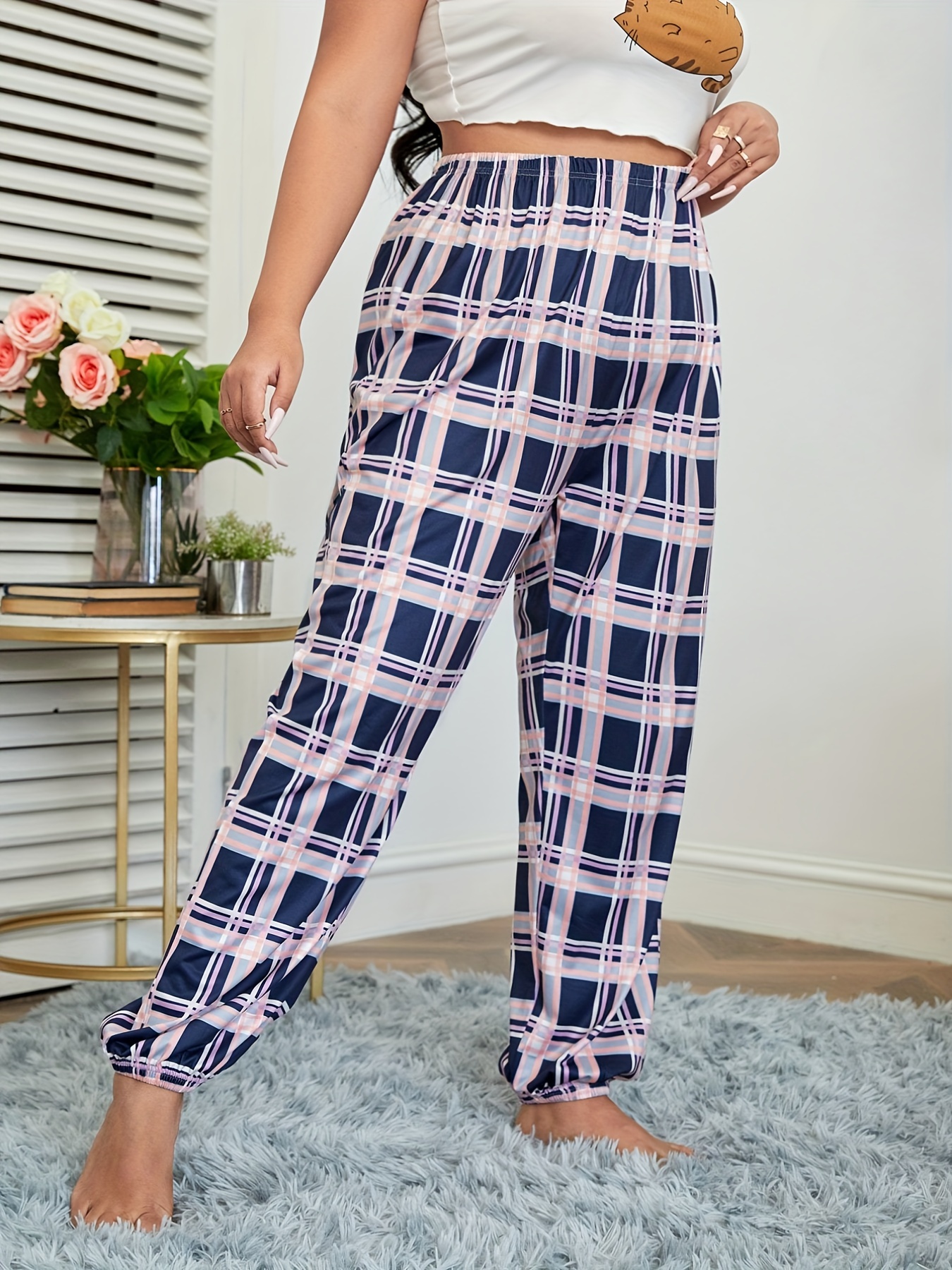 Pantalones De Pijama Casuales De Talla * Pantalones De Pijama Elásticos Con  Estampado A Cuadros Para Mujer
