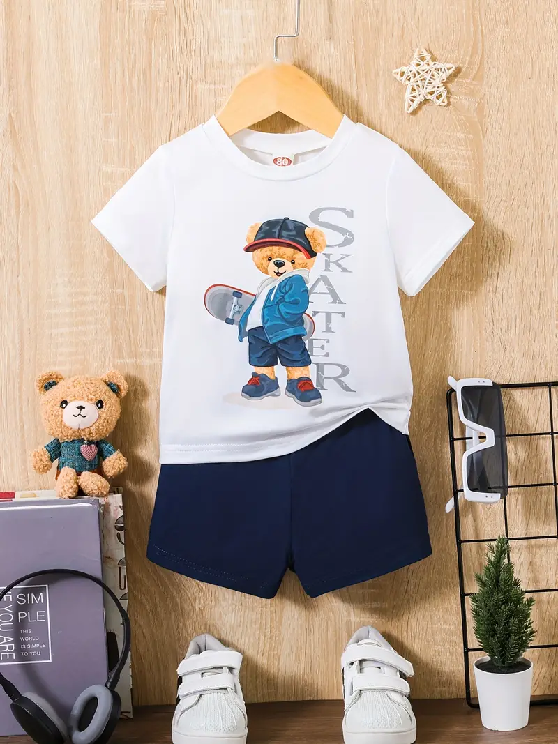 toddler baby boys cute casual set cool bear with skateboard graphic t shirt shorts set kids trendy outfits details 4