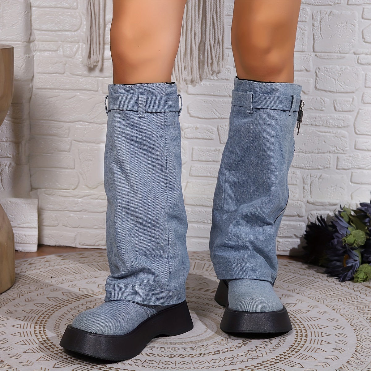 Women's Platform Denim Boots Fashion Side Zipper Calf - Temu Australia