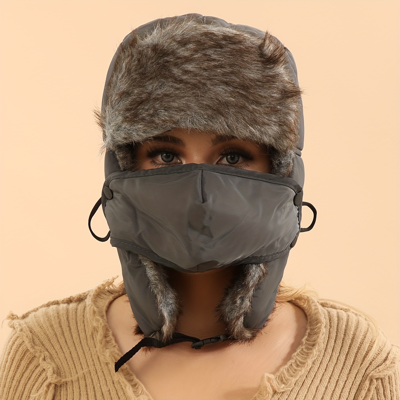 Unisex Fleece Trapper Hat Detachable Windproof Mask Solid - Temu