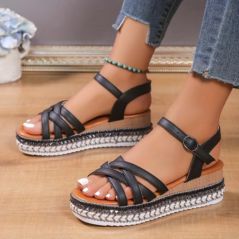 Women's Solid Color Gentle Sandals Crisscross Straps - Temu Canada