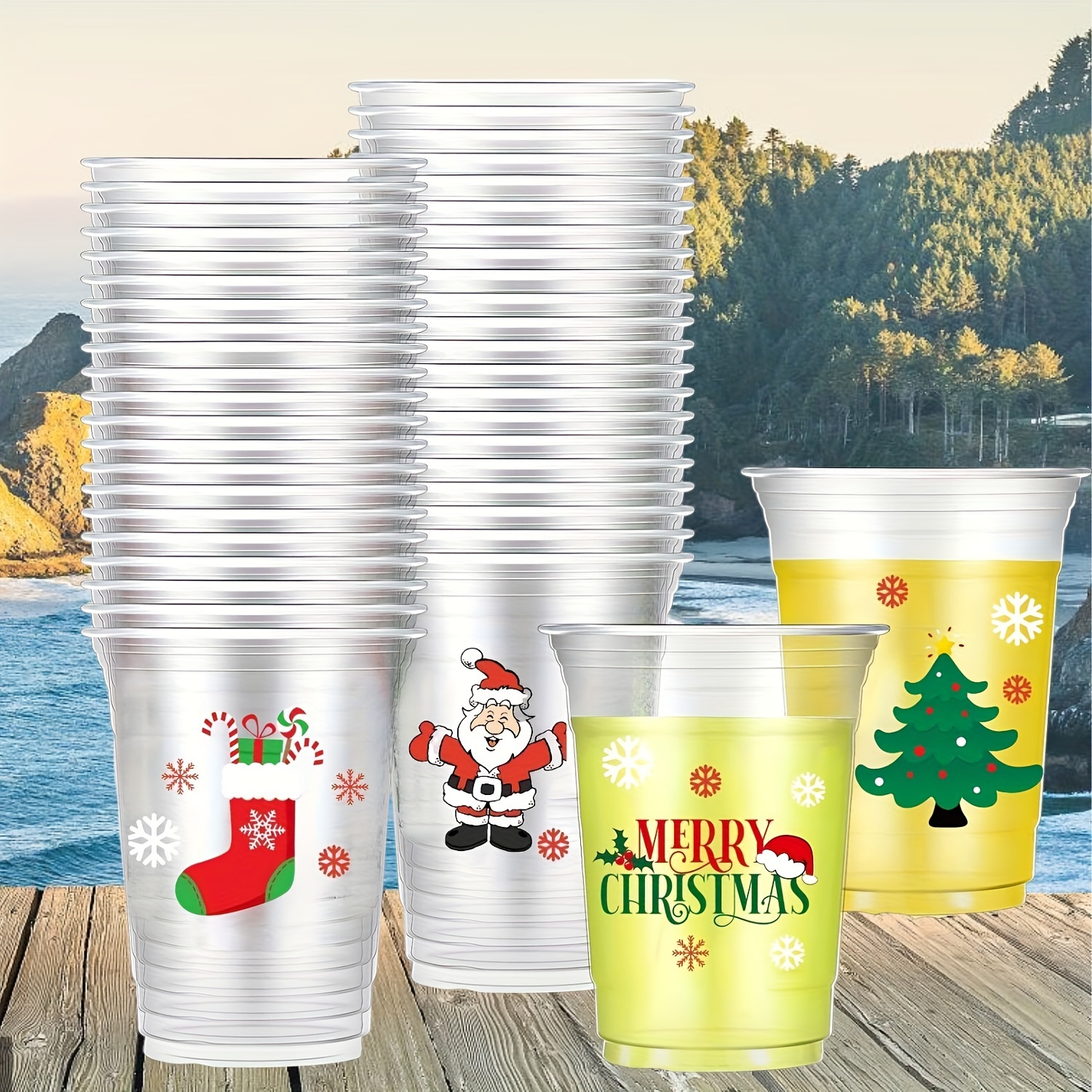 10Pcs Christmas Plastic Water Cups,12oz Reusable Party Cups for Xmas  Events, Cute Christmas Element Design