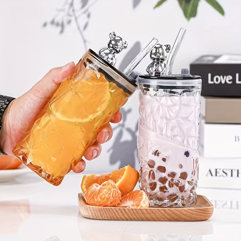 Bear Tumbler With Lid, High Temperature Resistant High-value Transparent Glass  Water Cup, Household Straw Glass Cup - Temu