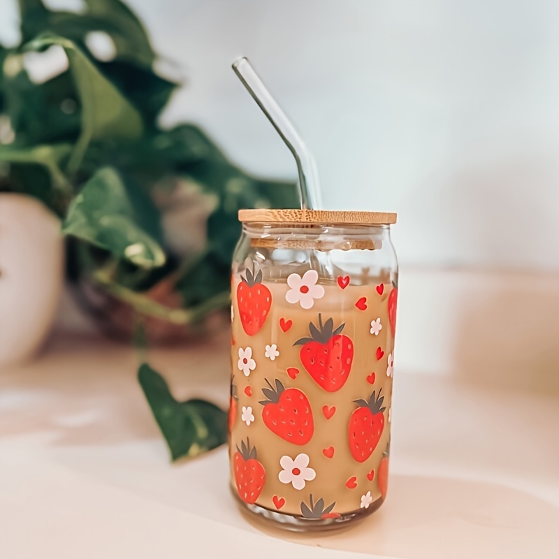 Coffee Cup Iced Coffee Glass Floral Glass Can with Lid Straw