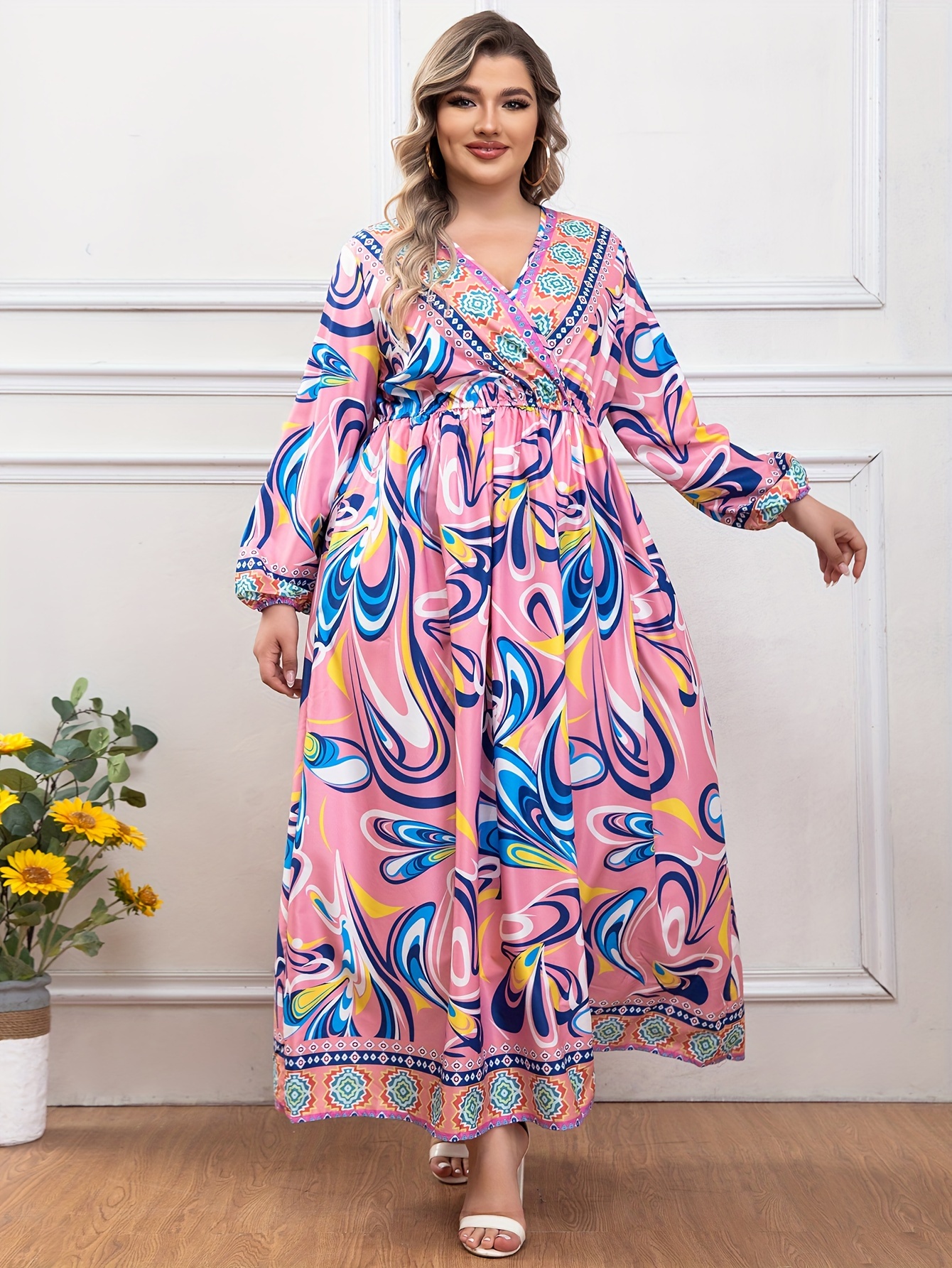 Plus Size Floral Print Dress, Casual V Neck Long Sleeve Dress, Women's Plus  Size Clothing