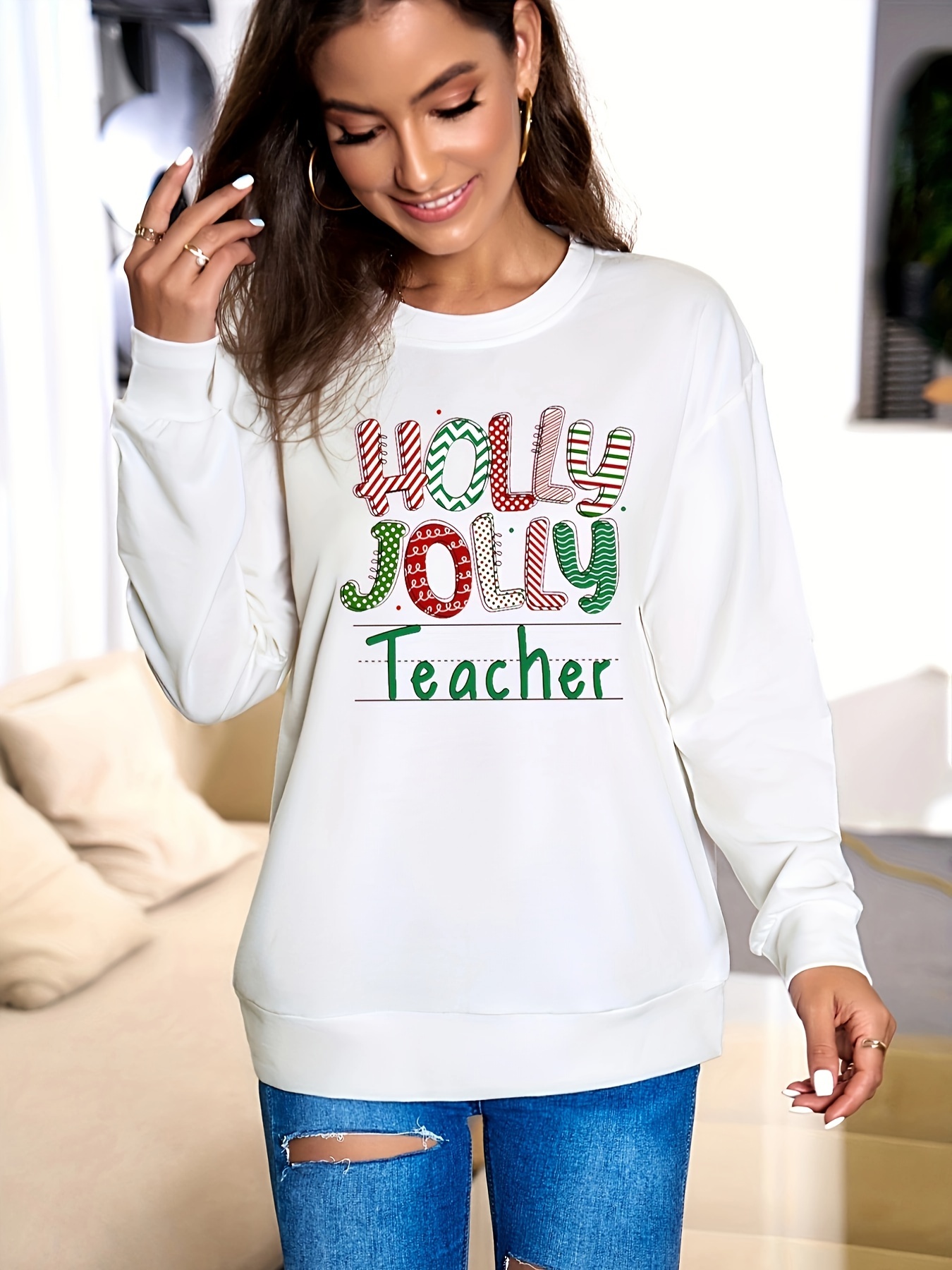 Holly Jolly Sudadera Estampado Profesora Sudadera Informal - Temu