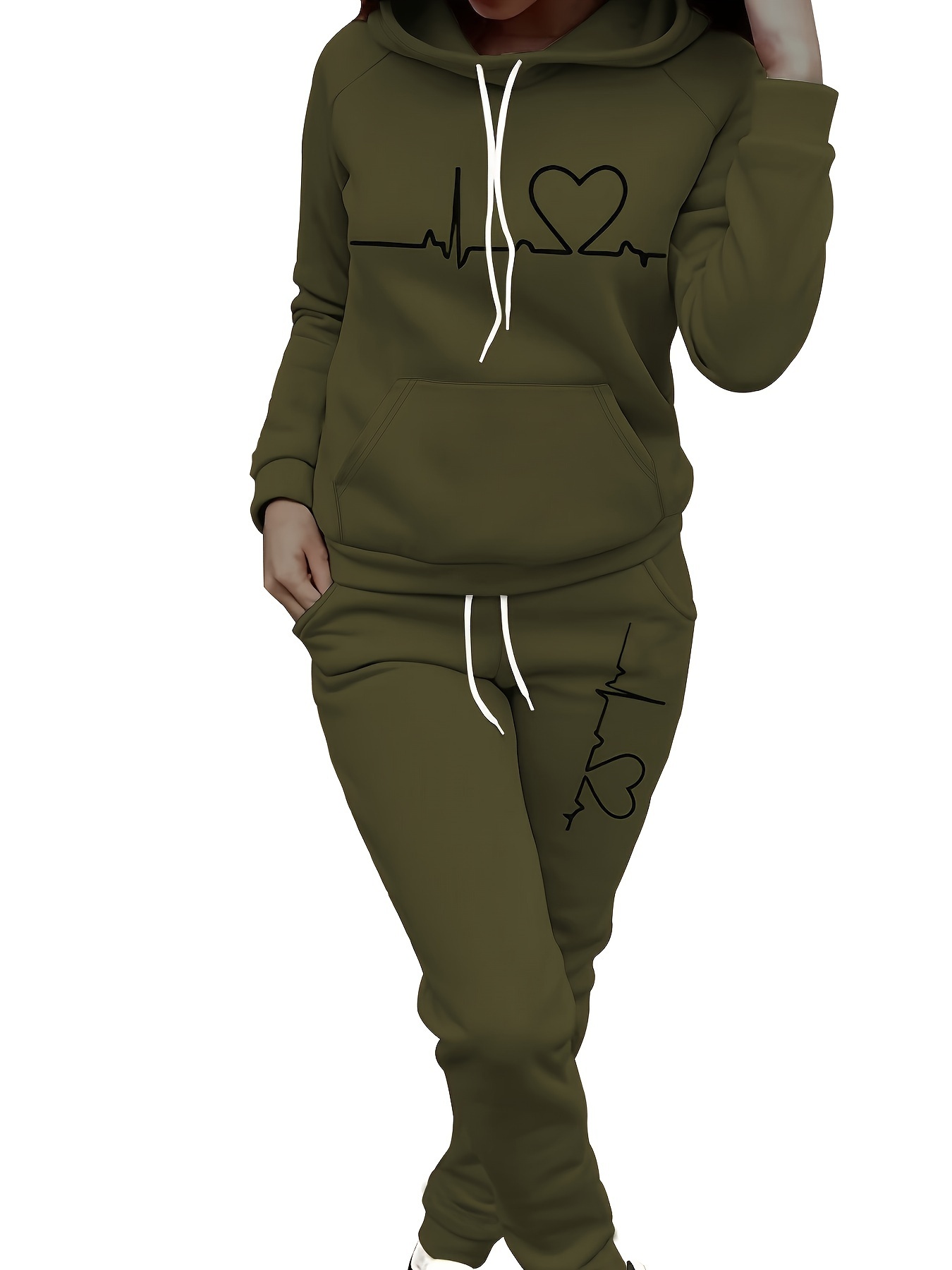 Casual Heart Print Two piece Set Kangaroo Pocket Hoodie - Temu