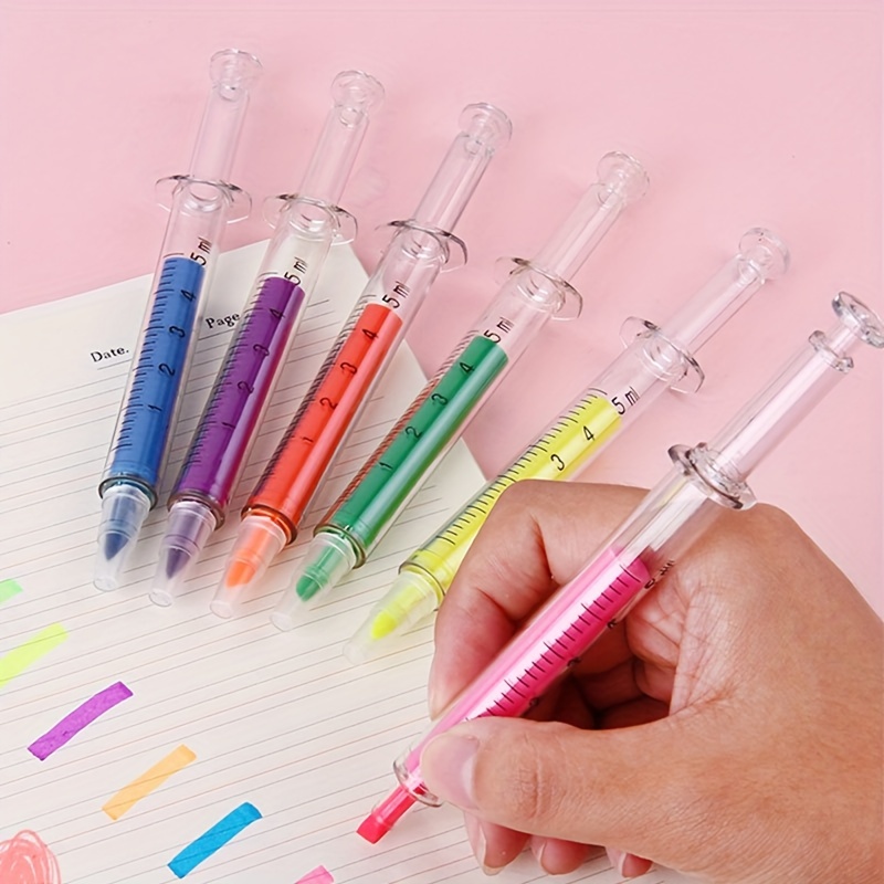 6Pcs Nurse Pen Novelty Highlighter Pen Stationery Syringe Highlighter  Fluorescent Needle Tube Watercolor Nite Writer Pens