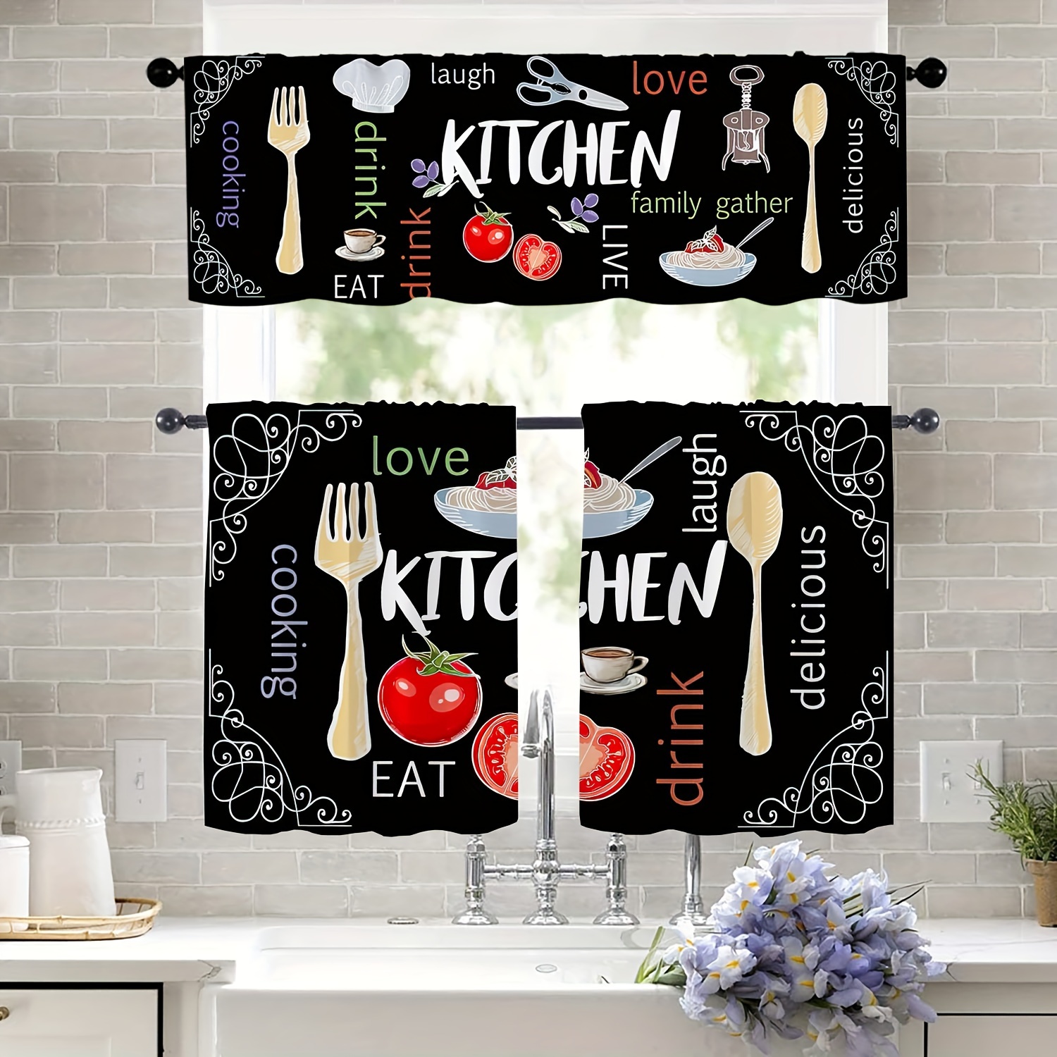 

1pc Valance/2pcs Cafe Curtains Tiers Fork And Spoon Knife Vintage Rod Pocket Kitchen Curtains For Kitchens, Bedrooms, Study Rooms, Cafes, Living Room Home Decor