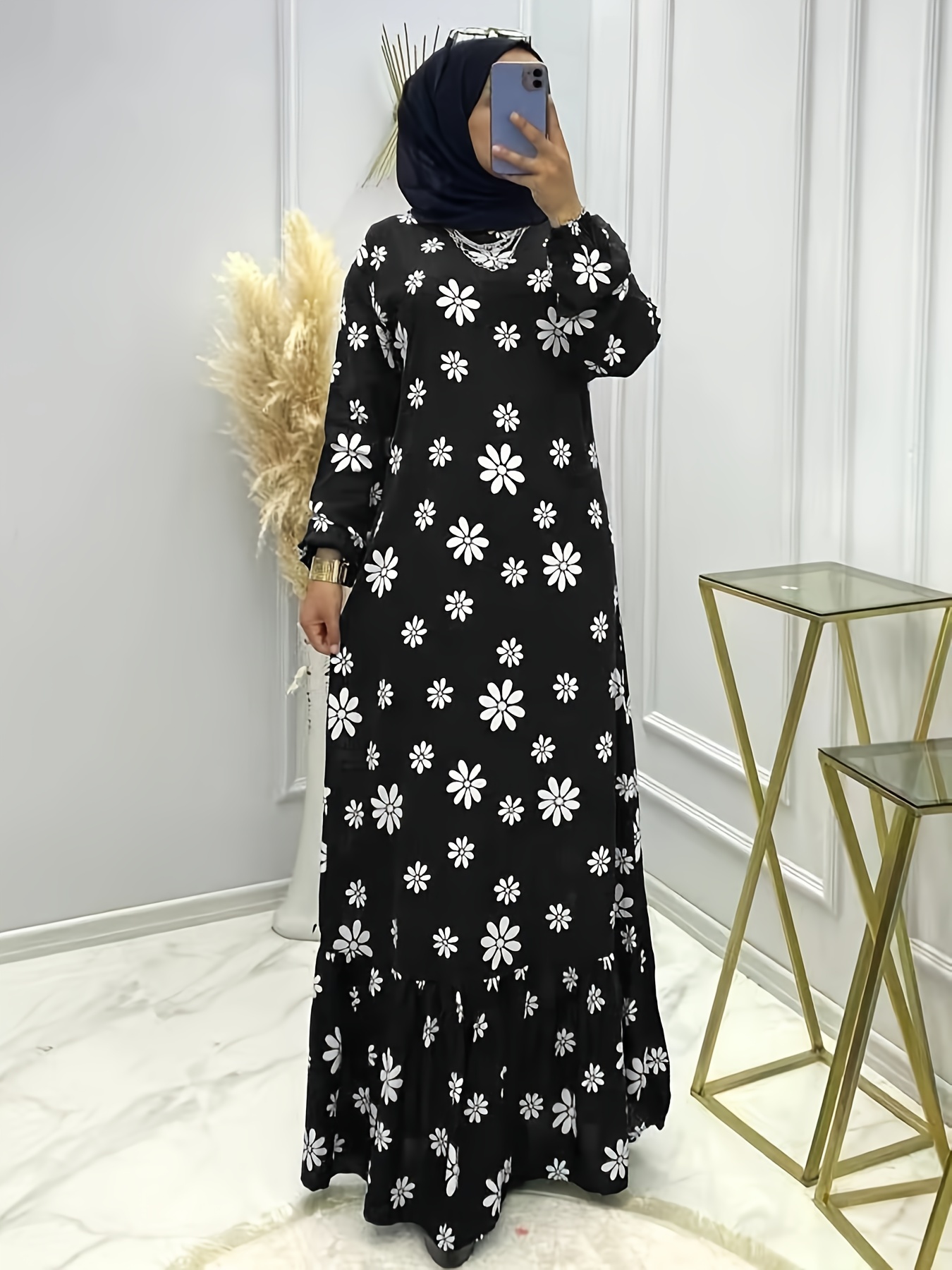 Ramadan Floral Print Crew Neck Burqas Elegant Long Sleeve - Temu