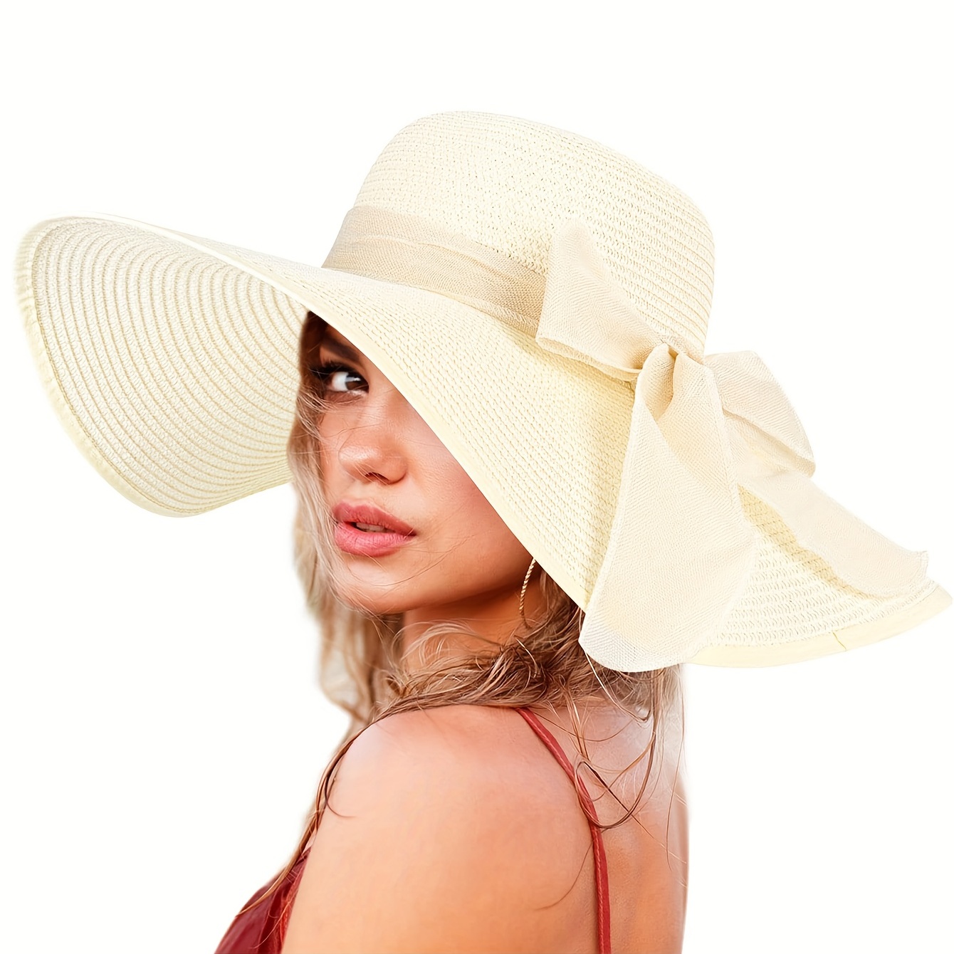 Wide Brim Floppy Sun Hat, Bucket Hats Elegant Bowknot Decor Travel Beach Hats Classic Oversized Straw Hats for Women Summer,SUN/UV Protection,Temu