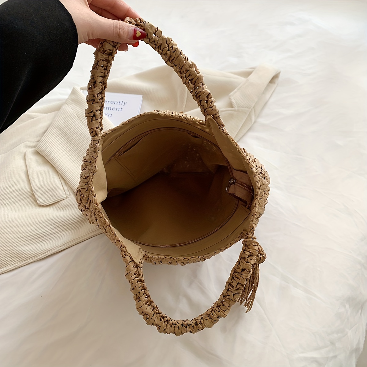 Ethnic Straw Woven Handbags Tassel Decor Tote Bag Boho Style
