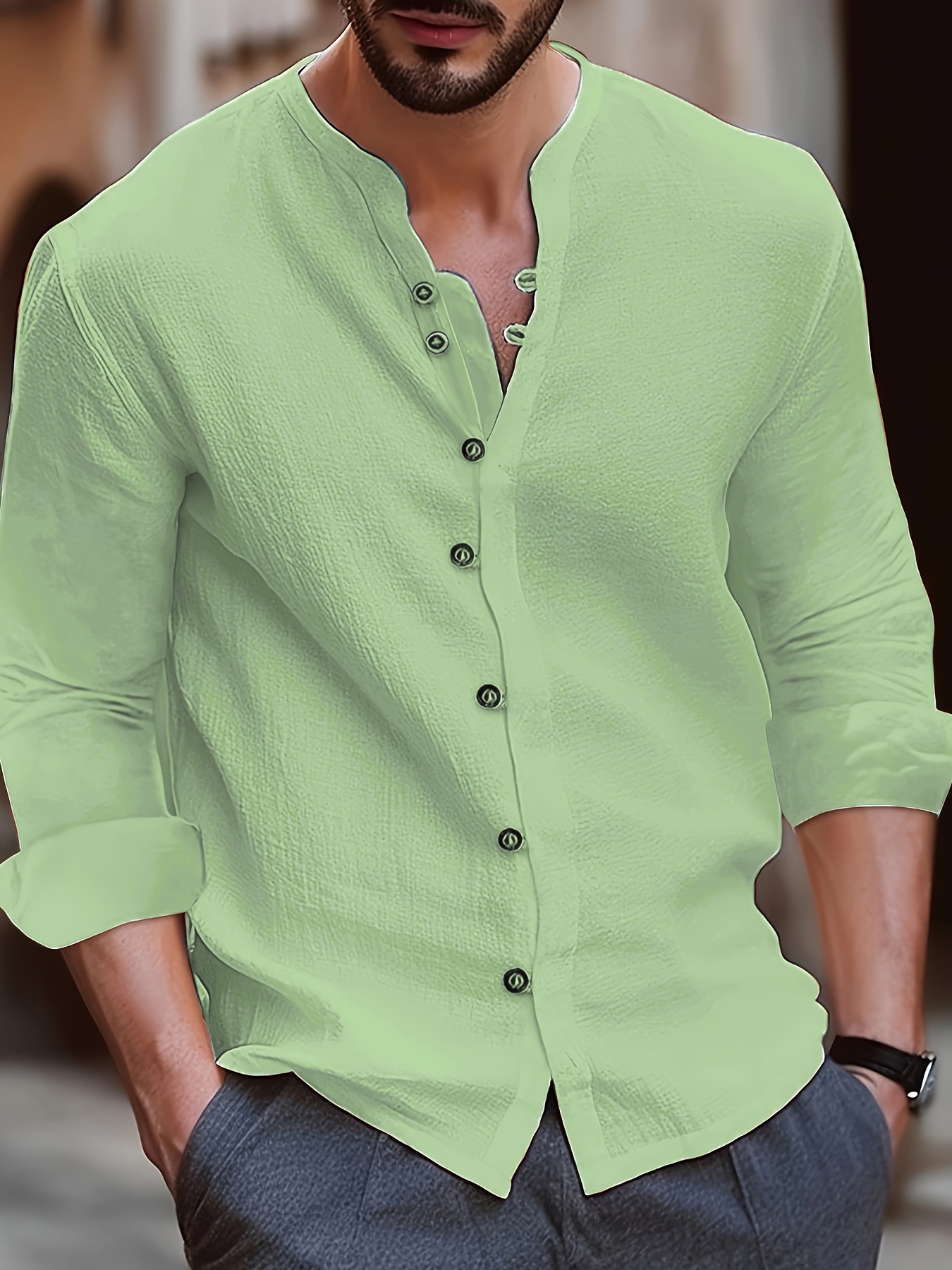 Casual Solid Men's Cotton Linen V neck Long Sleeve Shirt - Temu