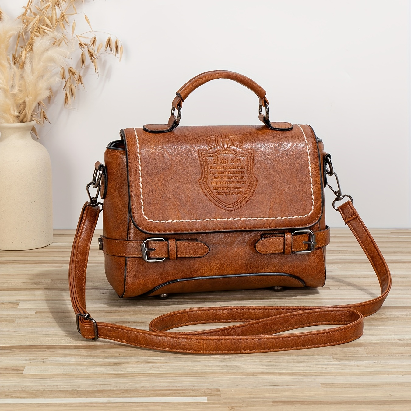 

Mini Buckle Detail Letter Bag, Graphic Flap Square Bag, Retro Preppy British Style Top Handle Bag