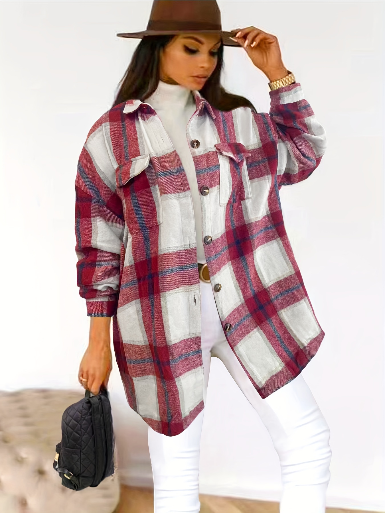 Womens Casual Coat Plus Size Plaid Print Long Sleeve Button Temu