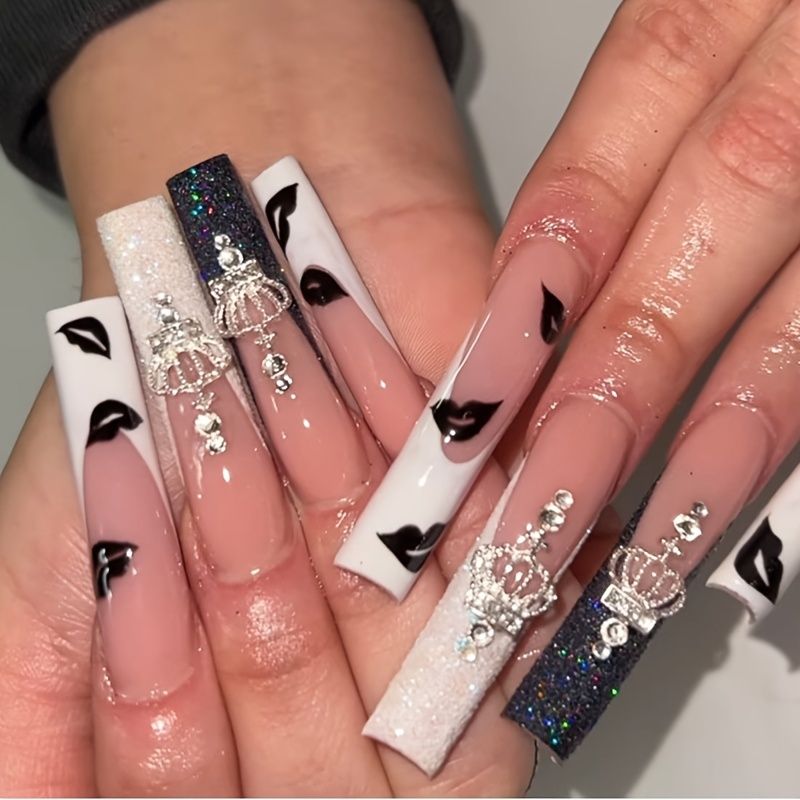 False Nails With Designs Glitter Crown Charms Press On Nails With  Rhinestones Fake Nails Coffin For Women Girls 24pcs | Shop The Latest  Trends | Temu