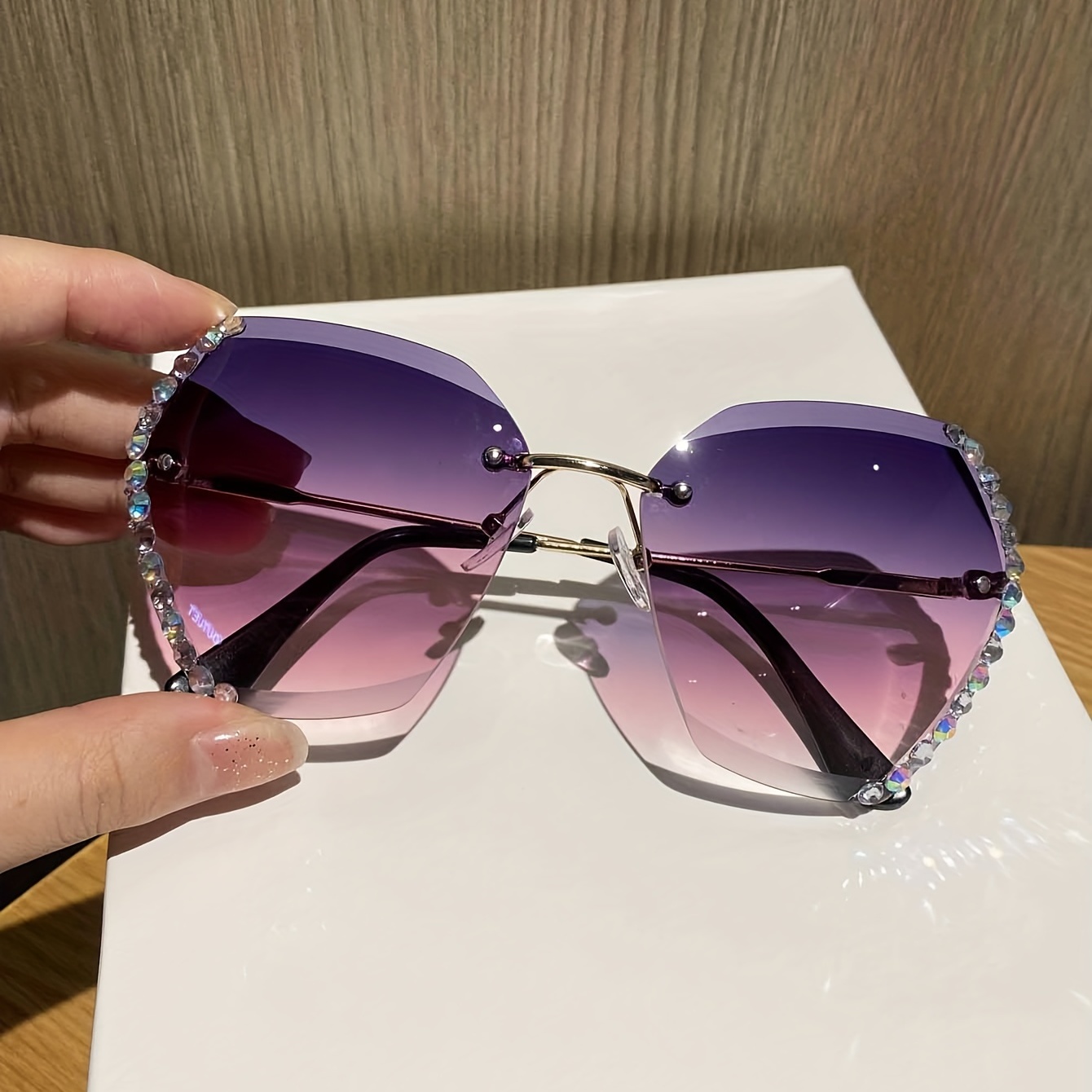 Rectangular Rhinestone Rimless Sunglasses Y2k Vintage Wrap Around Eyeglasses  Women's Metal Driving Eyewear, Today's Best Daily Deals
