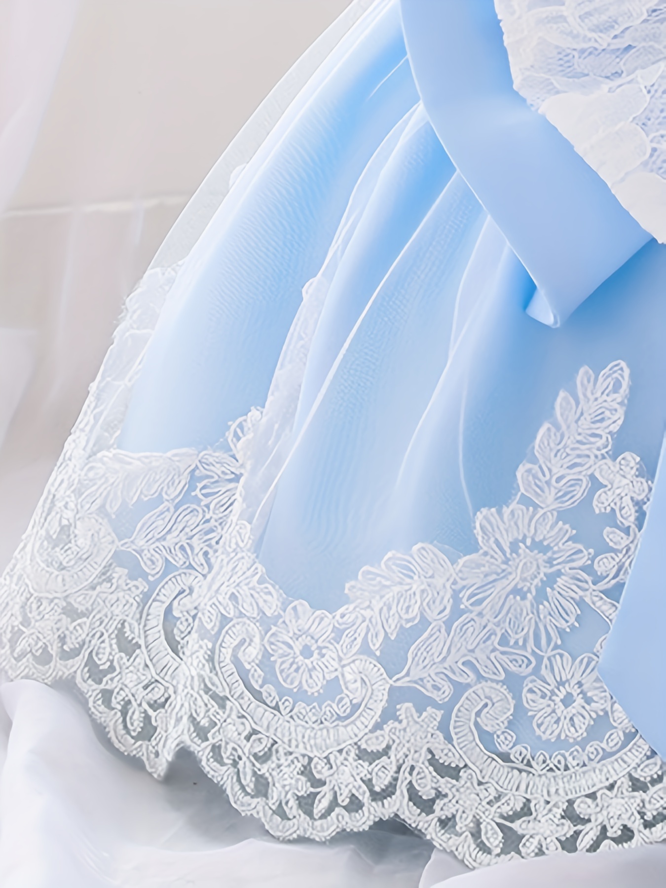 Girls sky blue floral lace party dress.