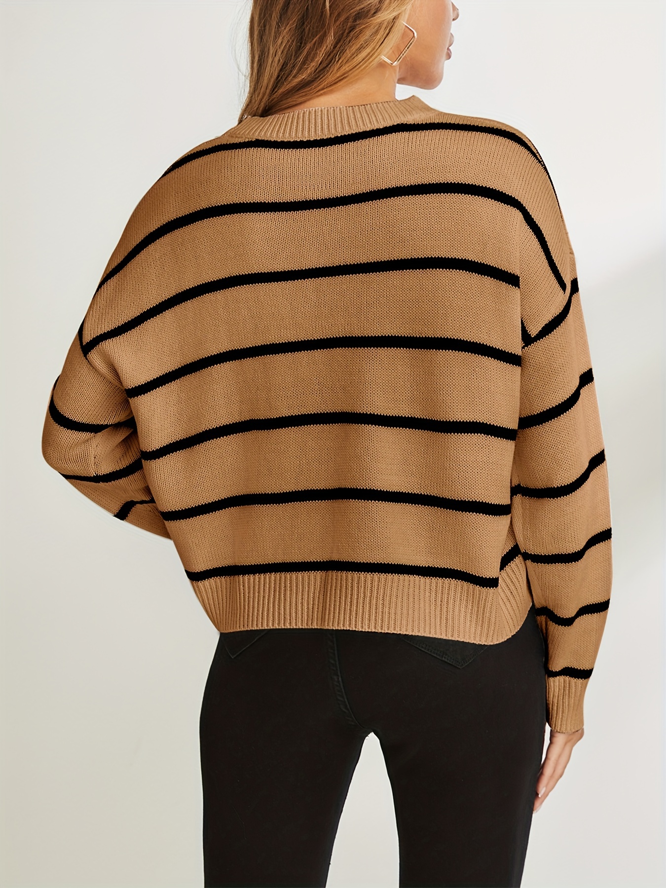 Stripe Print Drop Shoulder Knit Sweater Casual Crew Neck - Temu Canada