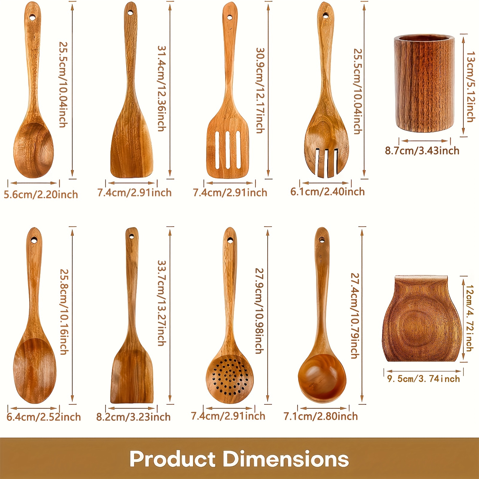 10 utensilios de cocina de madera para cocina con soporte y reposo, juego  de utensilios de cocina de madera, cucharas de madera de teca para cocinar